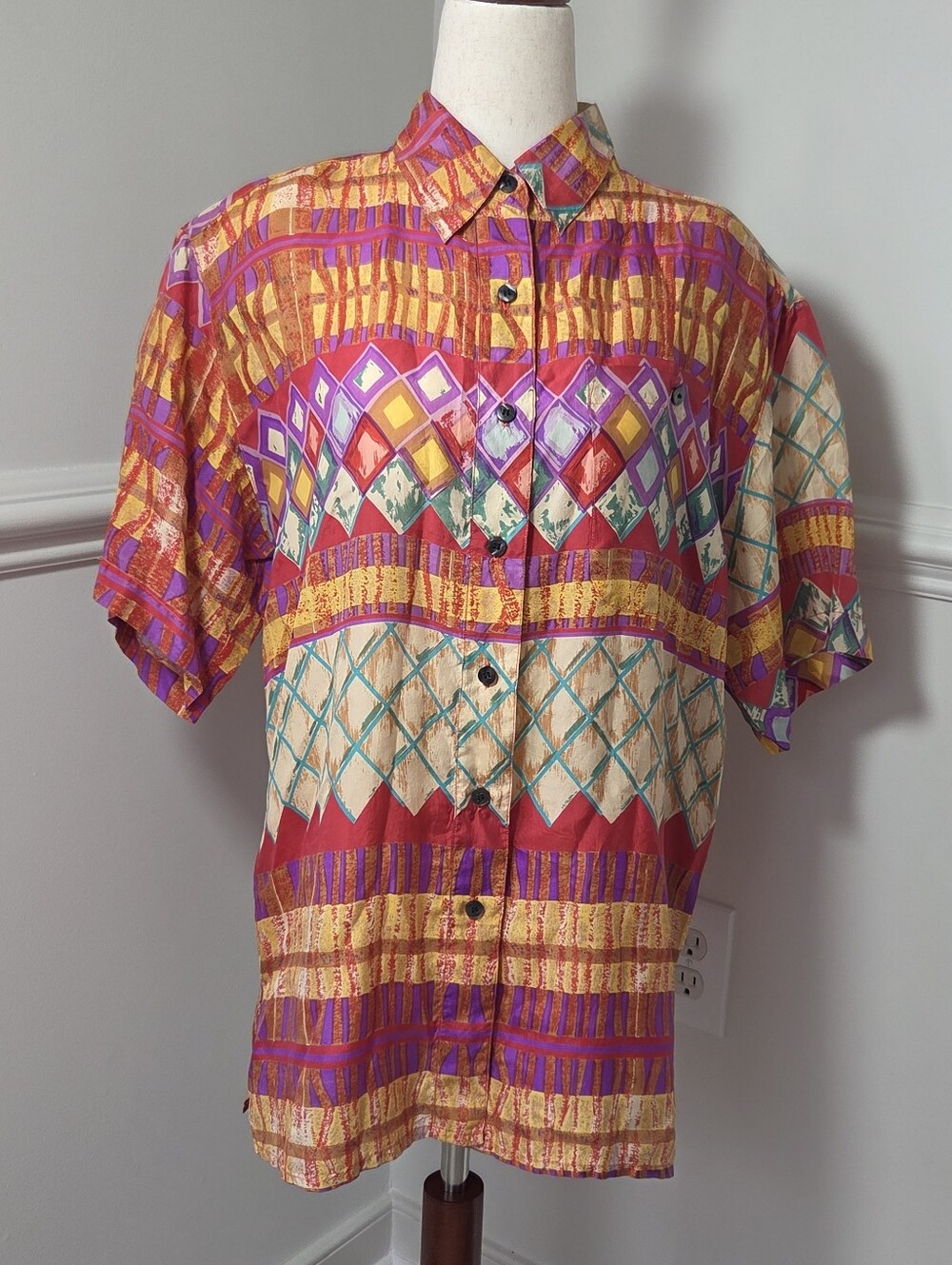 Vintage Clio 80s 90s 100% Silk Abstract Art Button Up Blouse Women's M